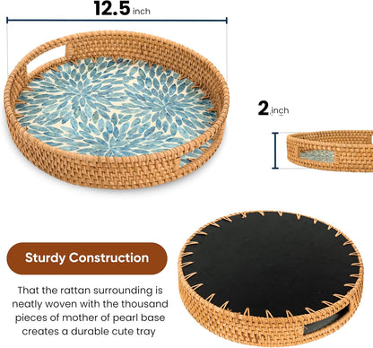 KOLWOVEN Round Rattan Tray with Handle, Rattan Serving Tray with Mother of Pearl Inlay Wooden Base, Decorative Wicker Basket for Table Decor (Blue Leaves)