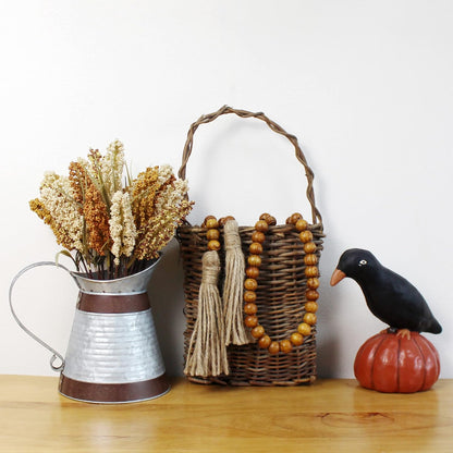CVHOMEDECO. Wood Beads Garland with Tassels Farmhouse Rustic Wooden Prayer Bead String Wall Hanging Accent for Home Festival Decor. Mix Distressed