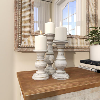 Deco 79 Mango Wood Decorative Candle Holder Distressed Turned Pillar Candle Stand, Set of 3 Candlestick Holder 6", 8", 10"H, Light Blue