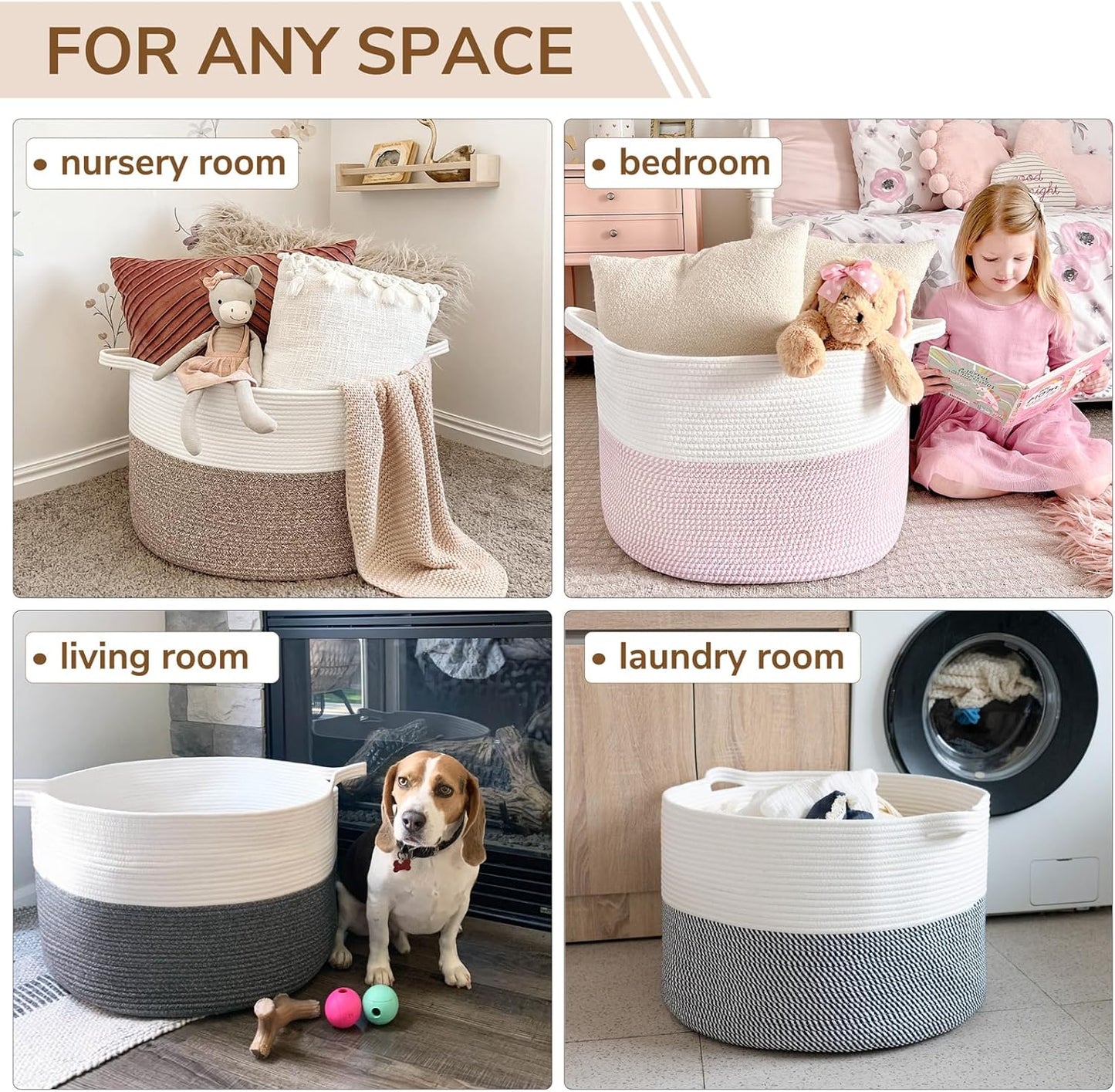 INDRESSME XXXLarge Blanket Basket for Living Room 21.7" x 21.7" x 13.8"-Storage Basket with Handle for Organizing Toy Pillows Woven Cotton Rope Laundry Basket Stuffed Animal Toy Storage for Play Room