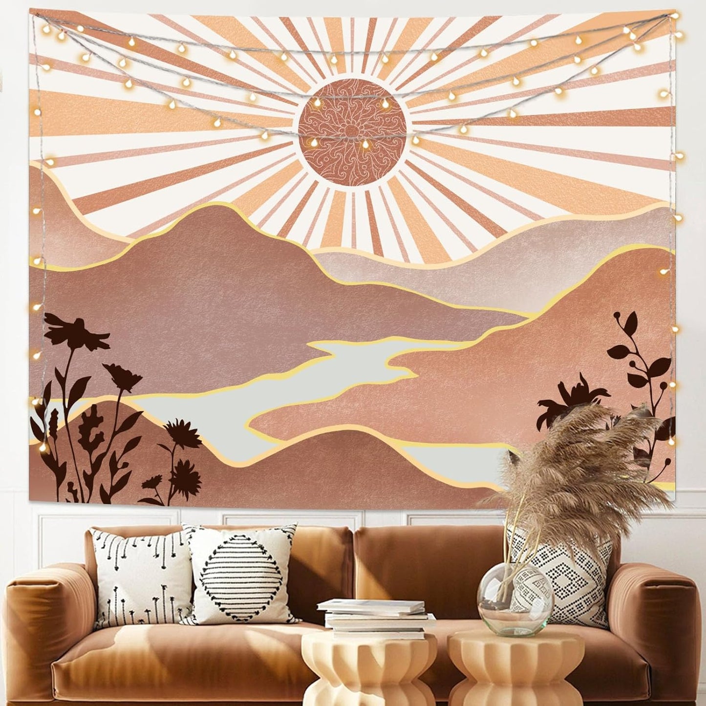 Lunerfex Bohemian Mandala Sunrise Wall Tapestry, Abstract Mountain Scenery Tapestries for Home Decor, Boho Tapestry 48x36 Inch