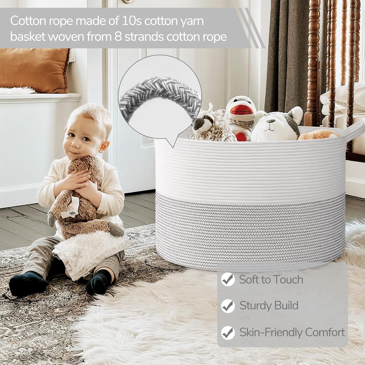INDRESSME XXXLarge Blanket Basket for Living Room 21.7" x 21.7" x 13.8"-Storage Basket with Handle for Organizing Toy Pillows Woven Cotton Rope Laundry Basket Stuffed Animal Toy Storage for Play Room
