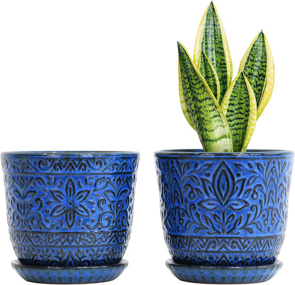 Gepege 6 Inch Beaded Ceramic Planter Set of 2 with Drainage Hole and Saucer for Plants, Indoor-Outdoor Large Round Succulent Orchid Flower Pot (Smoked Gray, Inner-pots not Larger Than 5 Inch)
