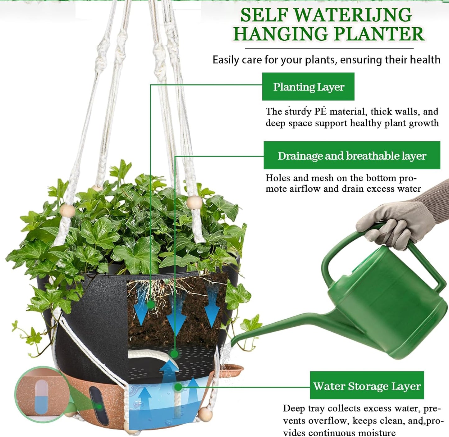 10 Inch Hanging Planters for Indoor Plants, 2 Pack Self Watering Hanging Baskets Flower Pots with Drainage Hole, Visual Reservoir & 2 Kinds of Plant Hanger for Outdoor Garden Home Decor (White)