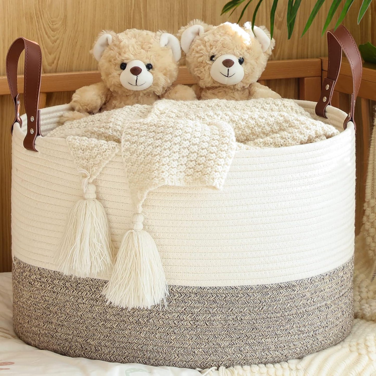 KAKAMAY Large Blanket Basket (20"x13"),Woven Baskets for storage Baby Laundry Hamper, Cotton Rope Blanket Basket for Living Room, Laundry, Nursery, Pillows, Baby Toy chest (White/Brown)