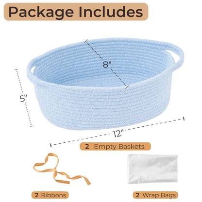 Small Woven Gift Basket Empty with Bag & Ribbon - Gifts for Mom, Baby Shower, Birthdays & Raffle - Cotton Rope Storage Basket for Dog Toys or Shelf - 12"x8"x5", White