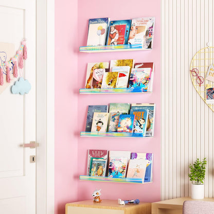 upsimples Acrylic Shelves for Bathroom Storage, 15" Floating Shelves Wall Organizer for Perfume, Make up, Skincare, Kids Bookshelf for Bedroom, Nursery, Living Room Decor, Clear, 4 Pack