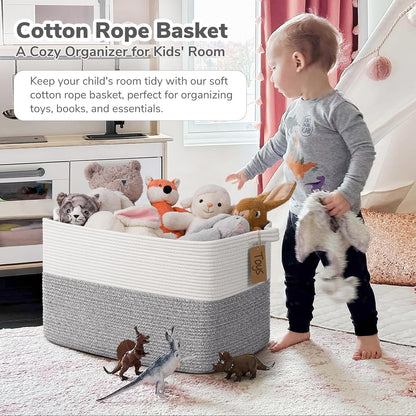 Goodpick Woven Storage Basket, Cotton Rope Basket for Dog Toys, Books, Stylish Gift Basket with Handles, 13 x 10 x 9 Inches Square Baskets for Organizing, Brown and White