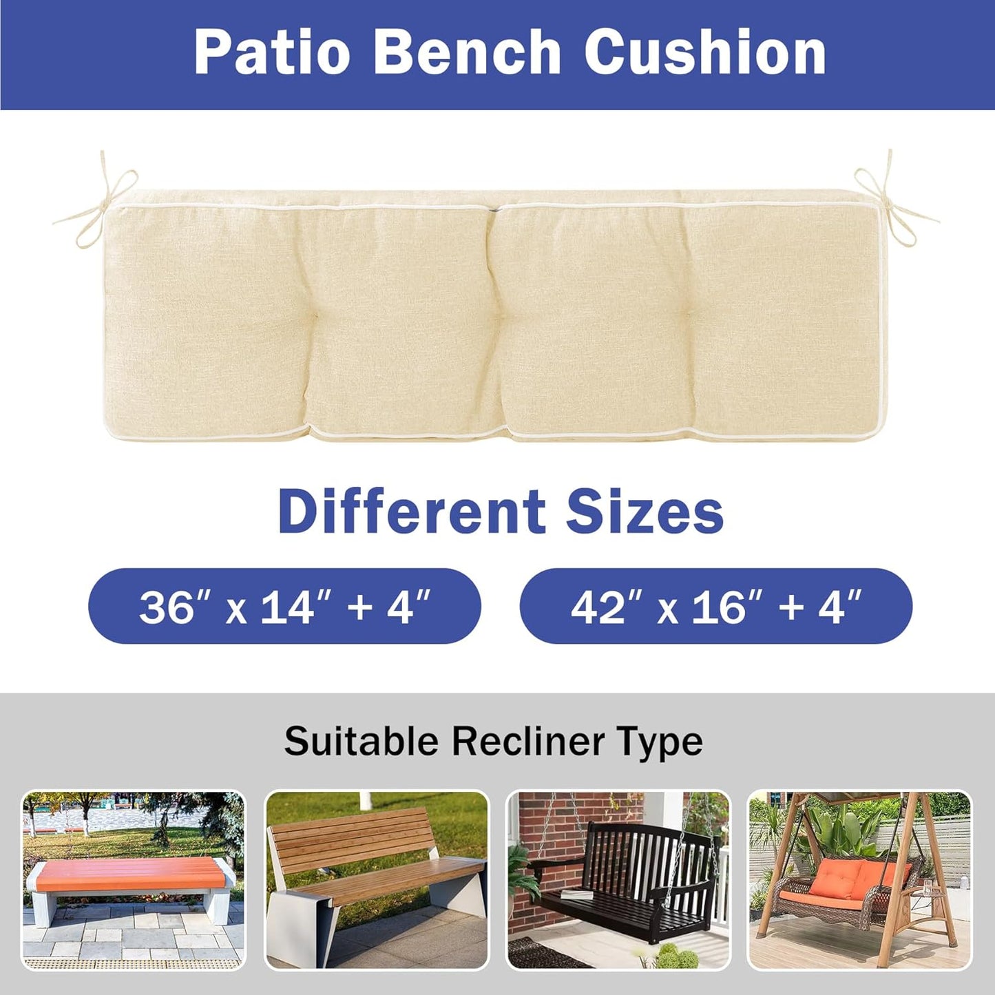 IPYNBAP Bench Cushion, 42 x 16 Inch Patio Furniture Cushions with Durable Ties, Soft Memory Foam Bench Cushions for Indoor/Outdoor Furniture with Non-Slip Bottom, Kitchen&Dining, Dark Grey