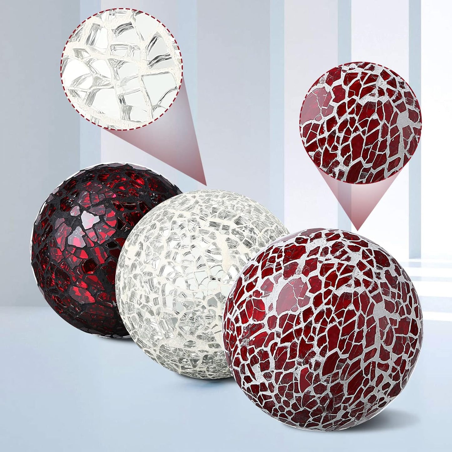 Cunhill 6 Pieces Decorative Balls for Bowls 6.5 cm / 2.5 Inch Orbs Glass Balls for Centerpiece Bowls Mosaic Sphere for Home Decoration Dining Table Christmas Party (White,Red,Reddish Black)