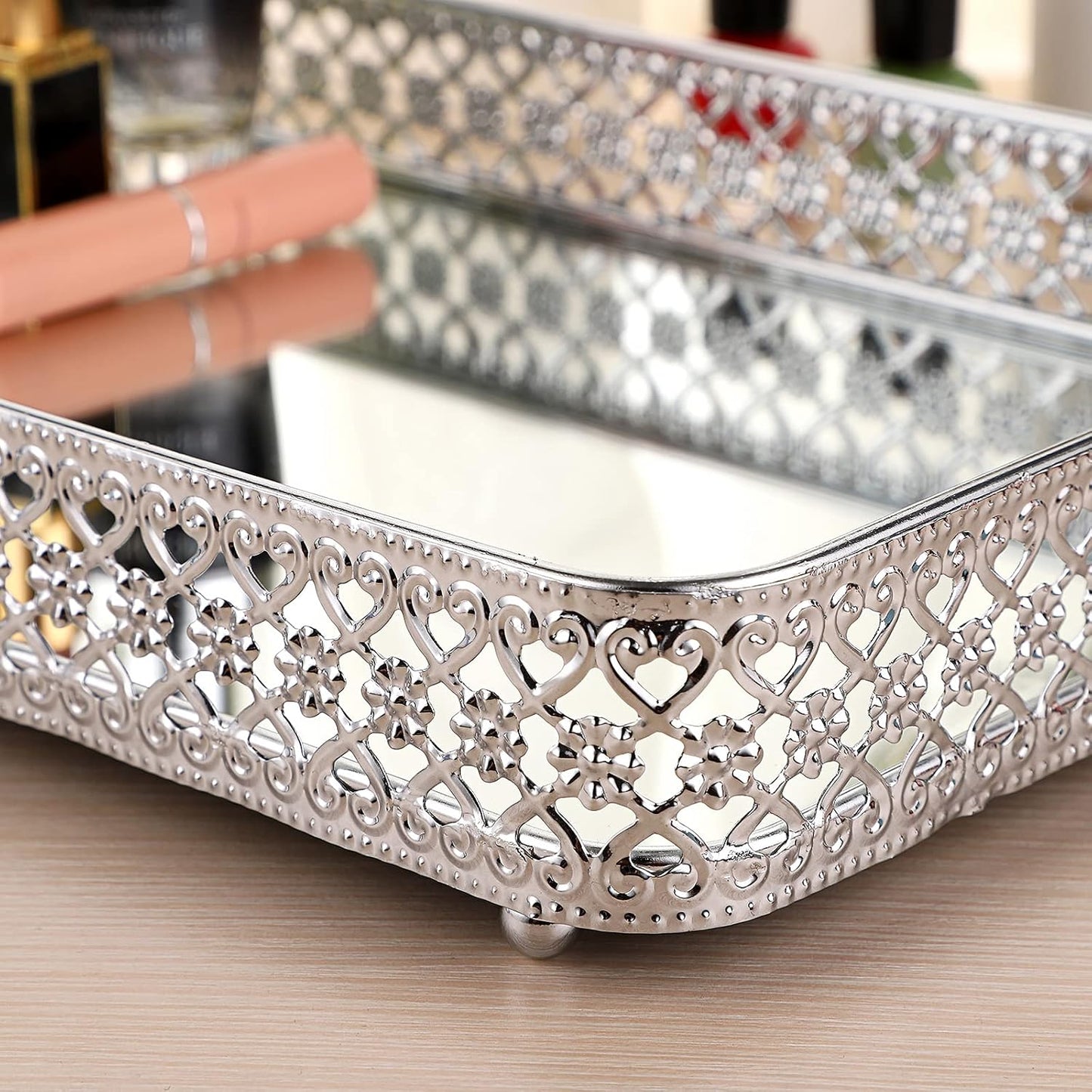 ELLDOO Perfume & Makeup Vanity Tray - Hollow-Carved Jewelry Storage, Glass & Metal Trinket Organizer for Dresser & Bathroom Countertop, Gold, Medium Size