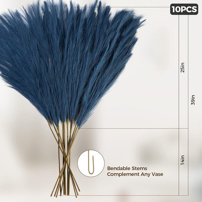 10 Pcs 39''/3.2FT Faux Pampas Grass Decor, Large Tall Fluffy Artificial Fake Flower, Bedroom Decor Boho Decor Pompas Floral for Vase Filler Farmhouse Home Wedding Decor (Blue)