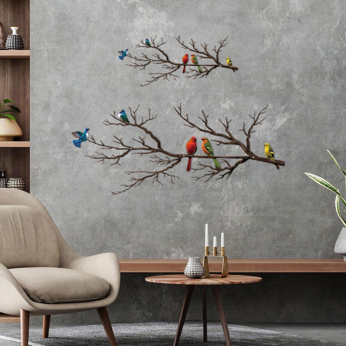 Metal Birds Wall Art, Metal Vivid Birds on Branch Silhouette Wall Decor Black Leaves with Bird Outdoor Hanging Wall Sculpture for Home Balcony Garden(Large)