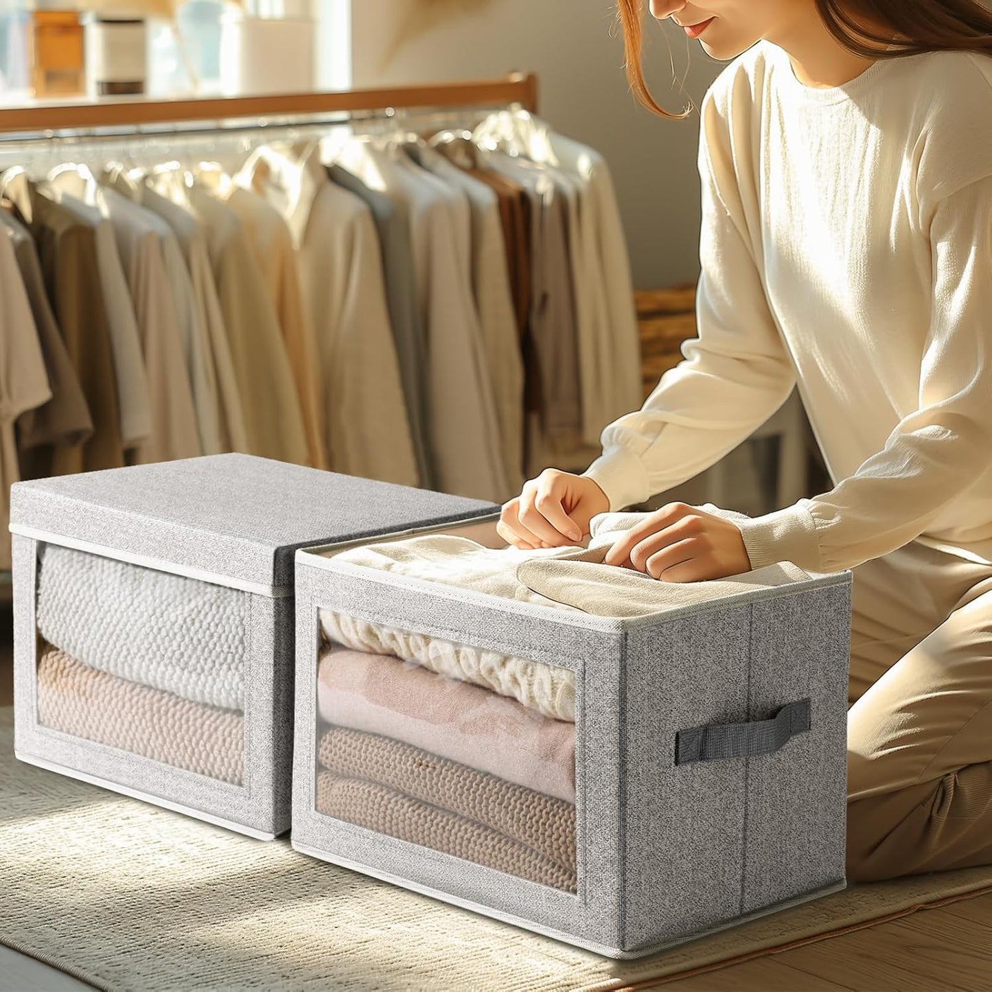 Homsorout Storage Bins with Lids - Fabric Closet Storage Bins with Window, Collapsible Baskets for Shelves 4 Pack, Home Decorative Boxes for Clothes, Closet, Office, Grey