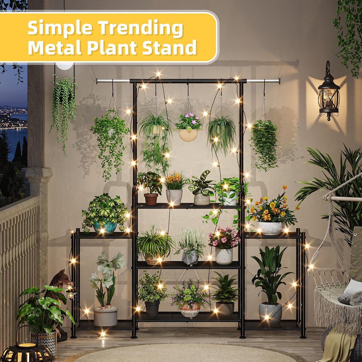 Simple Trending Plant Stand Indoor Outdoor, Heavy Duty Metal 3 Tiered Hanging Plant Shelf for Multiple Flower Planter Holder Tall Large Rack for Living Room Garden Balcony, Black
