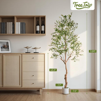 Olive Tree Artificial Indoor, 7 FT Faux Olive Trees with Planter, Fake Tall Plants with Natural Trunk and Lifelike Fruits for Home Office Decor(1, 7FT)