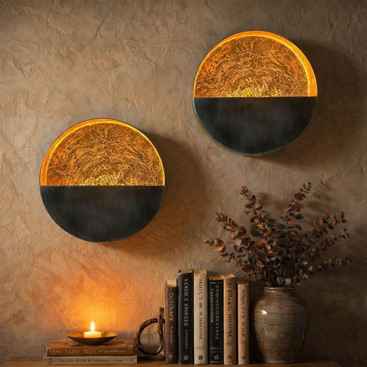 NativeSkins Eclipse Wall Candle Sconces Set of 2 – 6.5" Round Metal Tea Light Holders (3" Depth) with Gold Leaf Interior – Antique Nickel Decorative Accent for Bedroom, Hallway, Bathroom