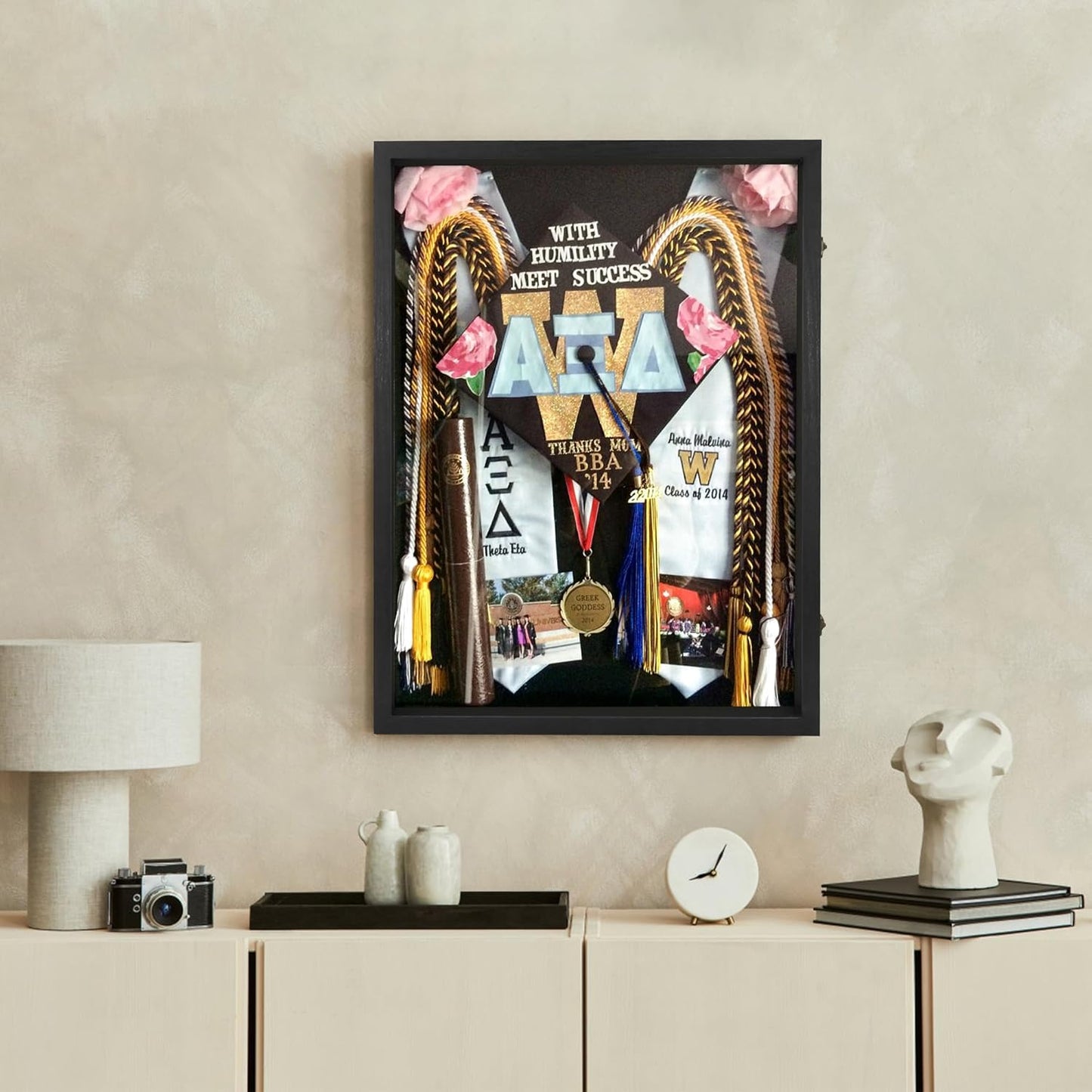GraduatePro Shadow Box Frame 11x14 Display Case with Linen Back, Real Glass Window Door with Hinge, Picture Frame Wedding Bouquet Memorabilia Medals Photos Memory Box for Keepsakes, Carbonized Black