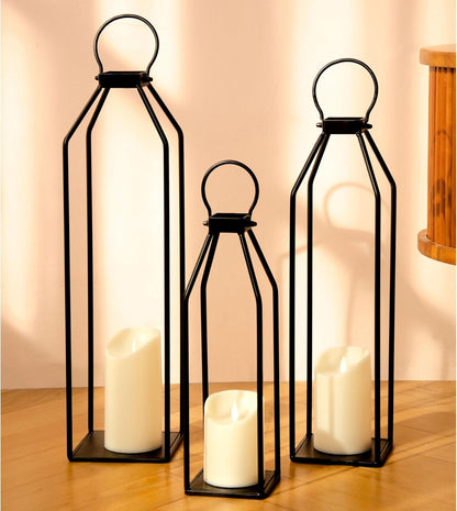 Perfnique Modern Farmhouse Lantern Decor, 15'' 13'' Set of 2 Black Metal Lantern, 2 LED 6hr Timer Flameless Candles ＆ Remote Timer, Lanterns Decorative for Outdoor, Home, Indoor, Patio, Christmas