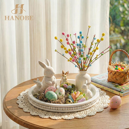 Hanobe Round Wooden Decorative Tray: White Washed Bead Tray Decor for Coffee Table Centerpiece Rustic Farmhouse Tray for Kitchen Counter Living Room Decoration