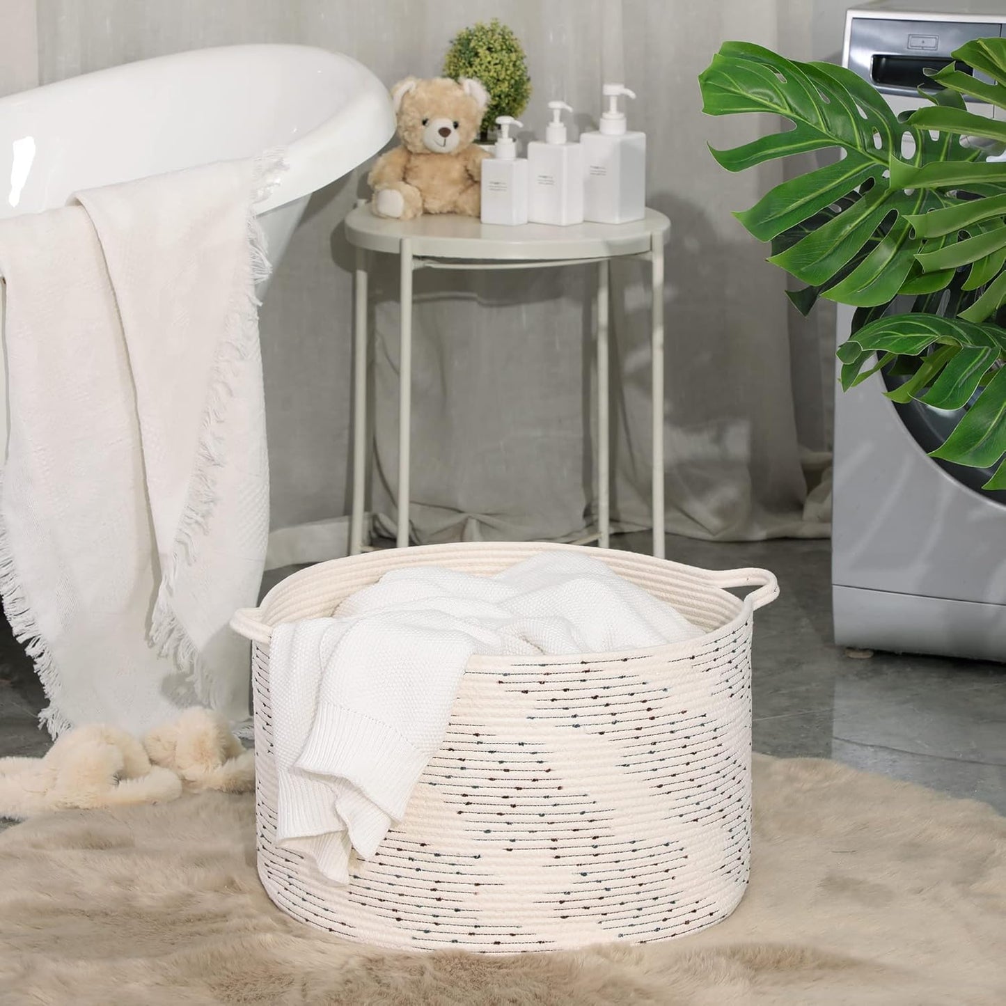 KAKAMAY Large Blanket Basket (20"x13"),Woven Baskets for storage Baby Laundry Hamper, Cotton Rope Blanket Basket for Living Room, Laundry, Nursery, Pillows, Baby Toy chest (White/Brown)