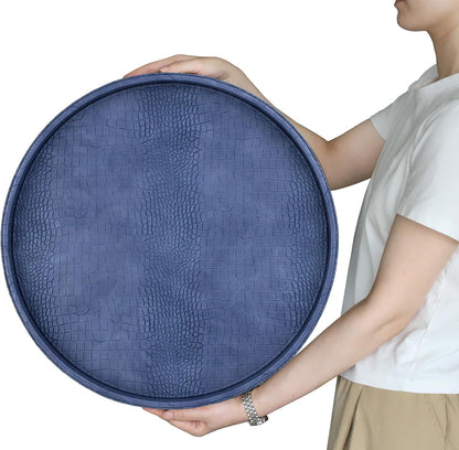 HofferRuffer Round Serving Tray 20'', Elegant Faux Leather Circle Ottoman Table Tray, Serve Tea Coffee Breakfast in Bedroom Living Room Kitchen (Brown)