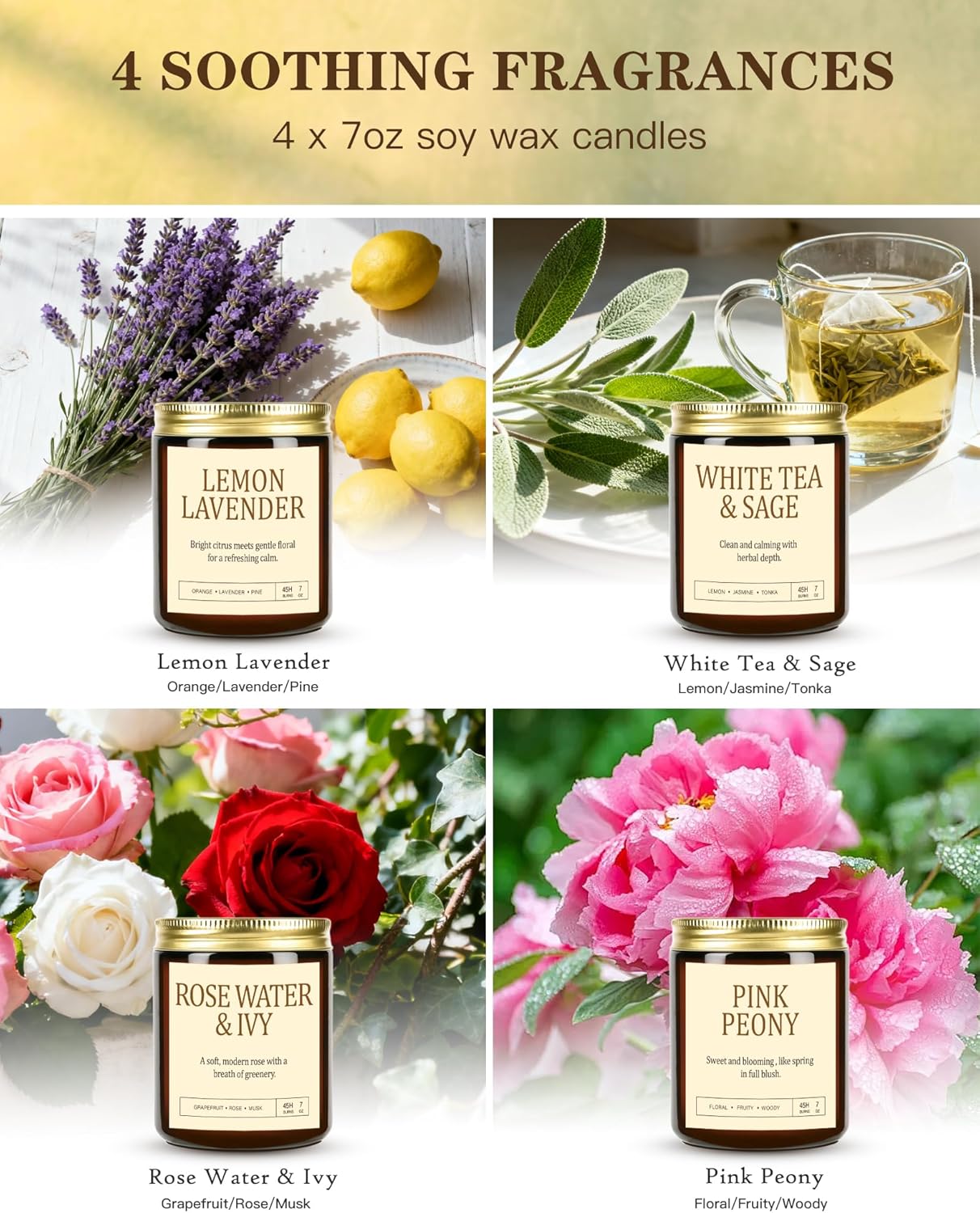 4 Pack Scented Candles Gifts for Women: 28oz Natural Soy Candles for Home Scented, Up to 200H Burning, Aromatherapy Candle Set, Jar Candle Gift Set for Spa Bath Meditation Birthday Valentine's Gifts