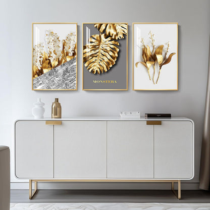 Framed Modern Luxury Gold Wall Art, Set of 3 Piece Contemporary Paintings Artwork for Walls, Golden Prints Pictures with Gold Frame, Wall Decor for Living Room, Hallway, Bedroom, Office 16x24 Inch
