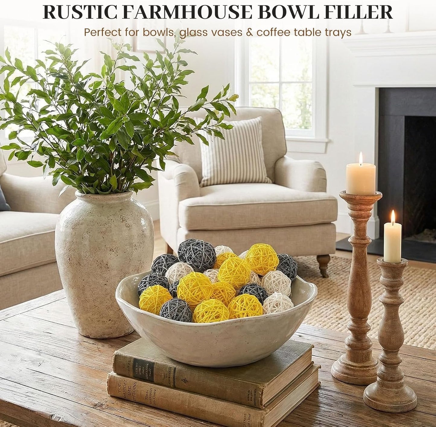 DomeStar 24PCS Brown Decorative Balls for Bowl Centerpiece, 2 Inch Rattan Balls Bowl Fillers Decor - Wicker Twig Orbs Spheres, Wedding Home Vase Table Decor