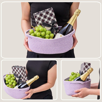Small Woven Gift Basket Empty with Bag & Ribbon - Gifts for Mom, Baby Shower, Birthdays & Raffle - Cotton Rope Storage Basket for Dog Toys or Shelf - 12"x8"x5", White