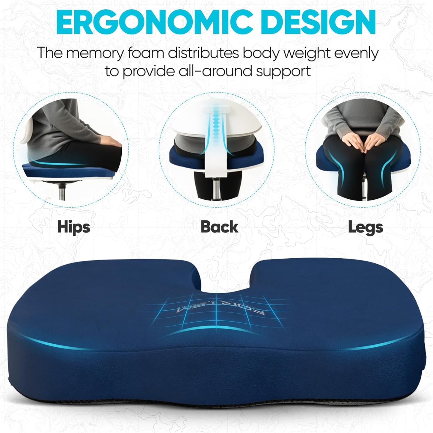 FORTEM Seat Cushion, Office Chair Cushion, Memory Foam Car Seat Cushions, Sciatica Coccyx Tailbone Pain Relief, Chair Cushions for Back Support, Sitting Pad for Gaming, Washable Cover, Non Slip