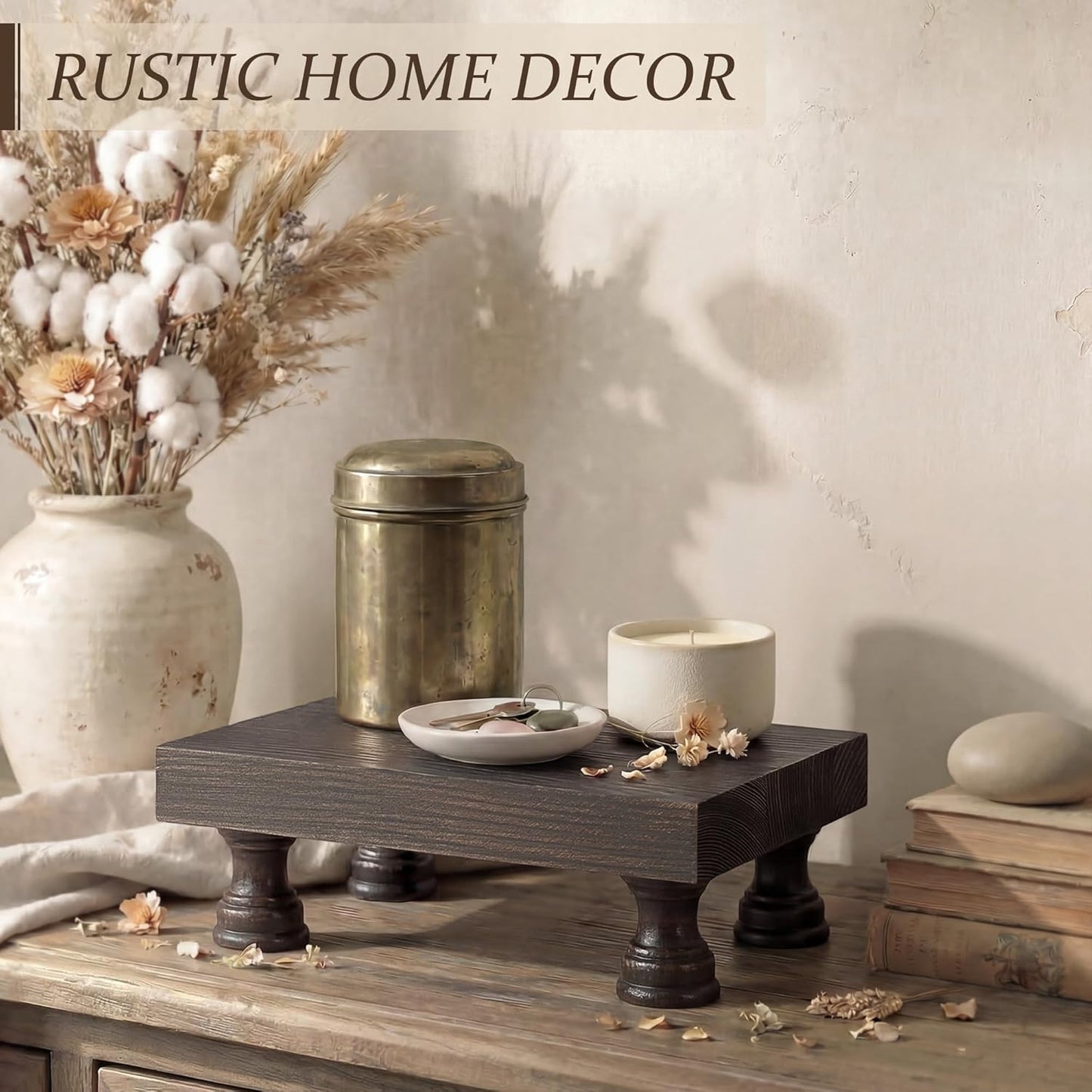 EOSAHR Farmhouse Riser for Room Decor : Decorative Pedestal Stand For Display Your Home Decorations and Uniquely Soap Stand - Rustic Bathroom Counter Tray and Kitchen Decor (Natural Wood)
