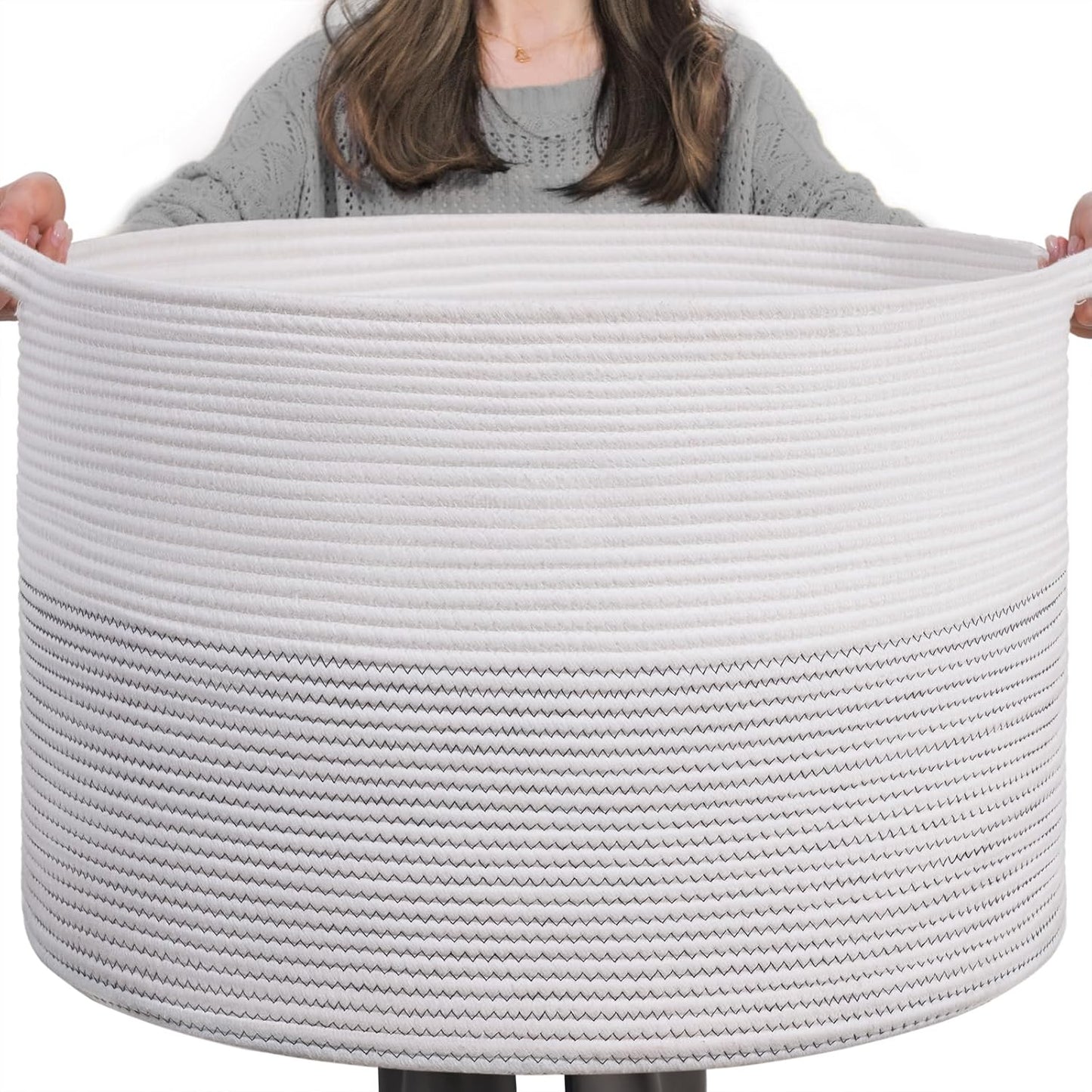 INDRESSME XXXLarge Blanket Basket for Living Room 21.7" x 21.7" x 13.8"-Storage Basket with Handle for Organizing Toy Pillows Woven Cotton Rope Laundry Basket Stuffed Animal Toy Storage for Play Room