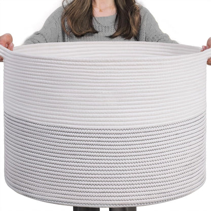 INDRESSME XXXLarge Blanket Basket for Living Room 21.7" x 21.7" x 13.8"-Storage Basket with Handle for Organizing Toy Pillows Woven Cotton Rope Laundry Basket Stuffed Animal Toy Storage for Play Room