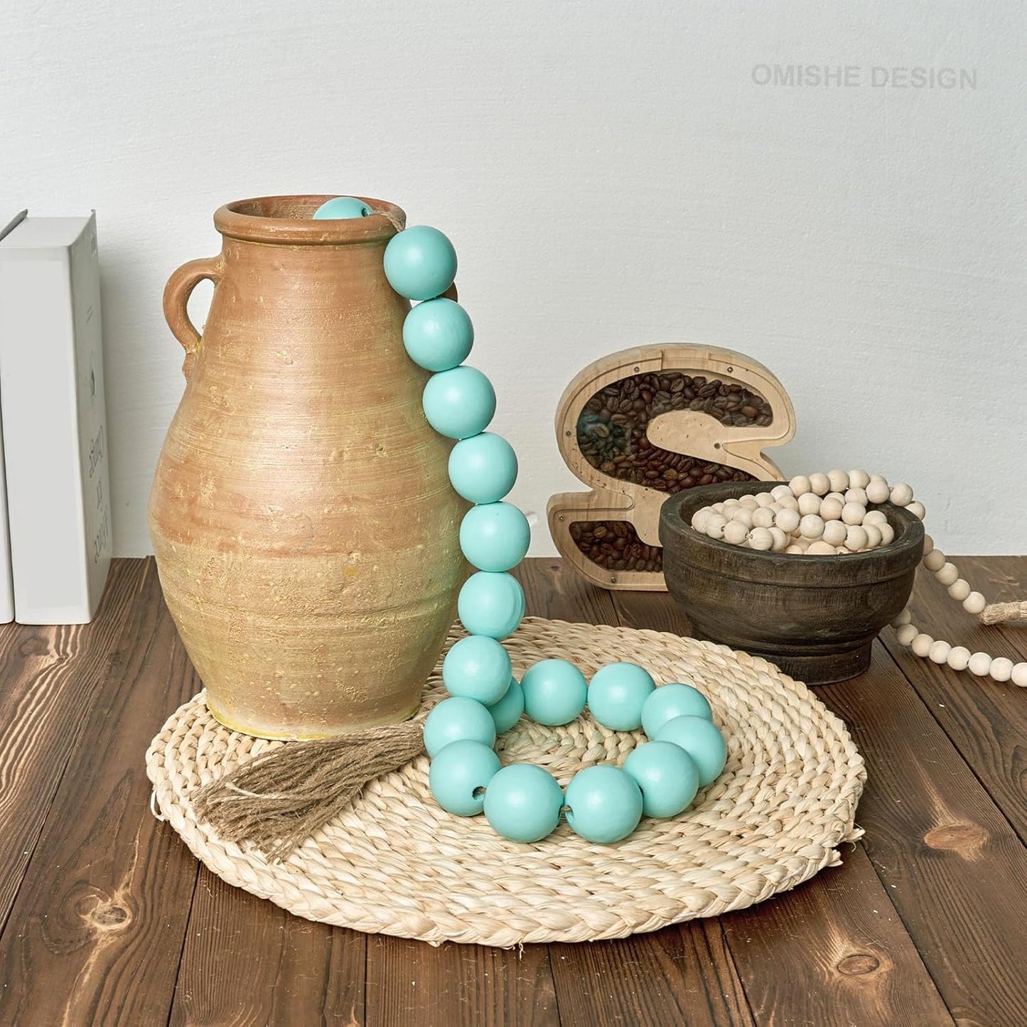 OMISHE Extra Large Wood Bead Garland with 1.6" Diameter Wooden Beads and Tassels, 41" Long Rustic Farmhouse Country Decorative Beads for Home Tiered Tray Decor, Natural Beige