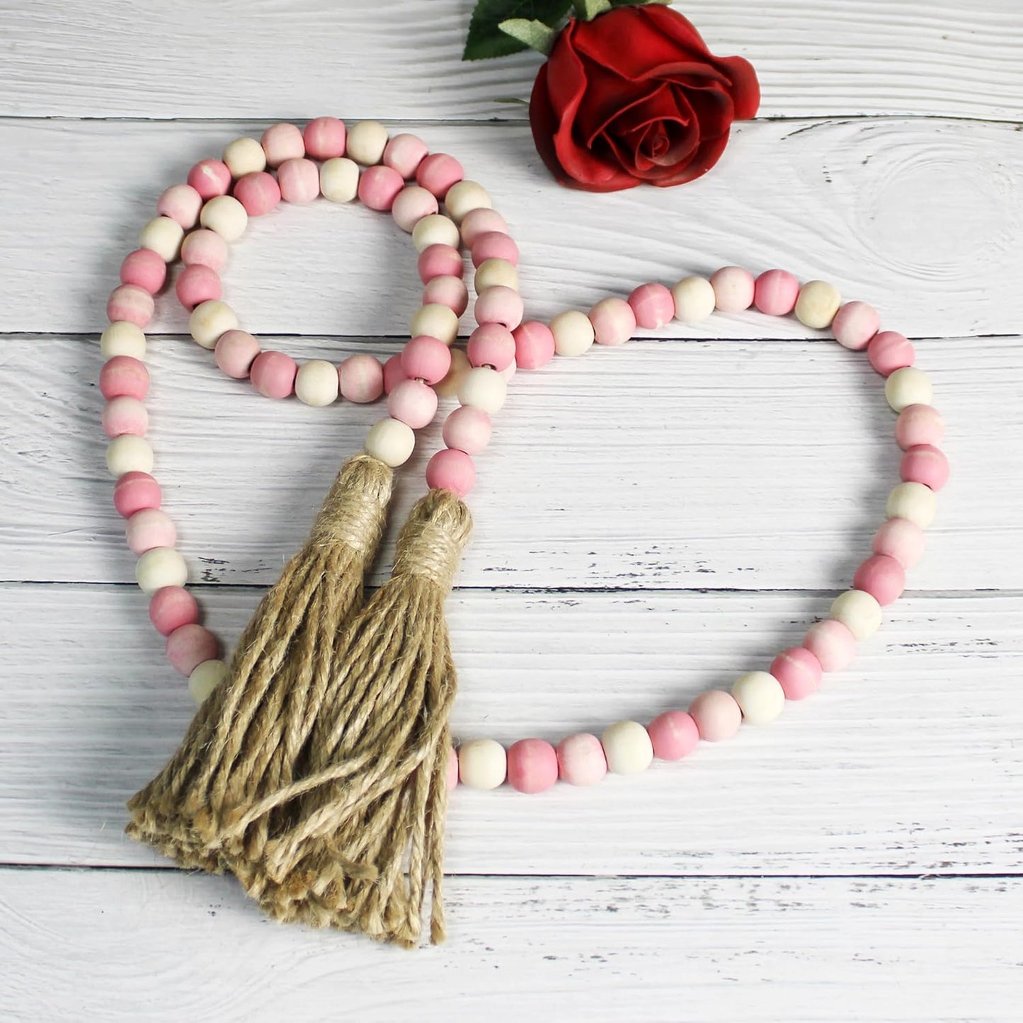 CVHOMEDECO. Wood Beads Garland with Tassels Farmhouse Rustic Wooden Prayer Bead String Wall Hanging Accent for Home Festival Decor. Mix Distressed