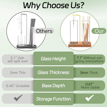 2 in 1 Incense Holder with 7.8" & 5.9" Glass Jars, Large Incense Holder for Sticks, Upside Down Incense Burner with Ash Catcher & Storage for Meditation Yoga Spa Home Decor - 20 Incense Sticks & Brush