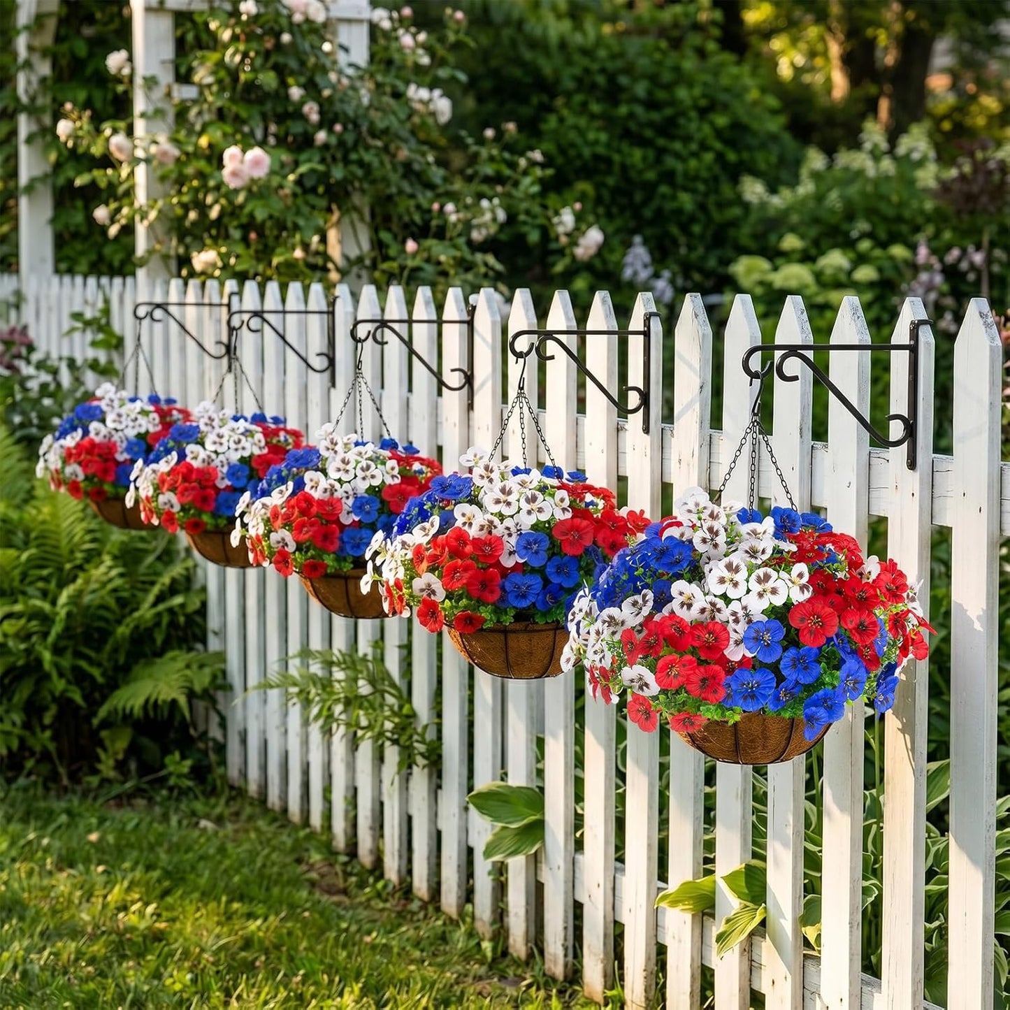 lovemoon 2 Sets Artificial Hanging Pansy Flowers with Baskets, 24 Pcs UV Resistant Faux Silk Pansy Outdoor Hanging Flower for Porch Patio Garden Home Spring Decor (2, White,Yellow,Purple)