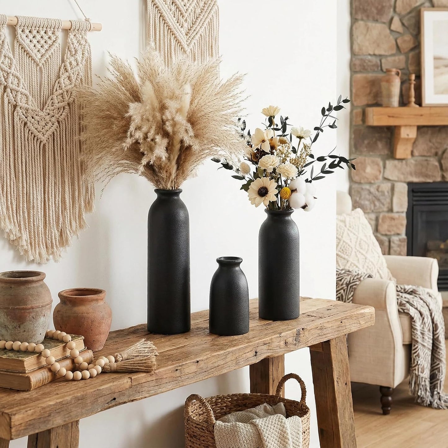 CEMABT Beige Ceramic vase Set-3 Small Flower vases for Decor,Modern Boho Farmhouse Home Decor,Decorative vase for Pampas Grass&Dried Flowers,idea Shelf,Table,Bookshelf ，Entryway- Distressed