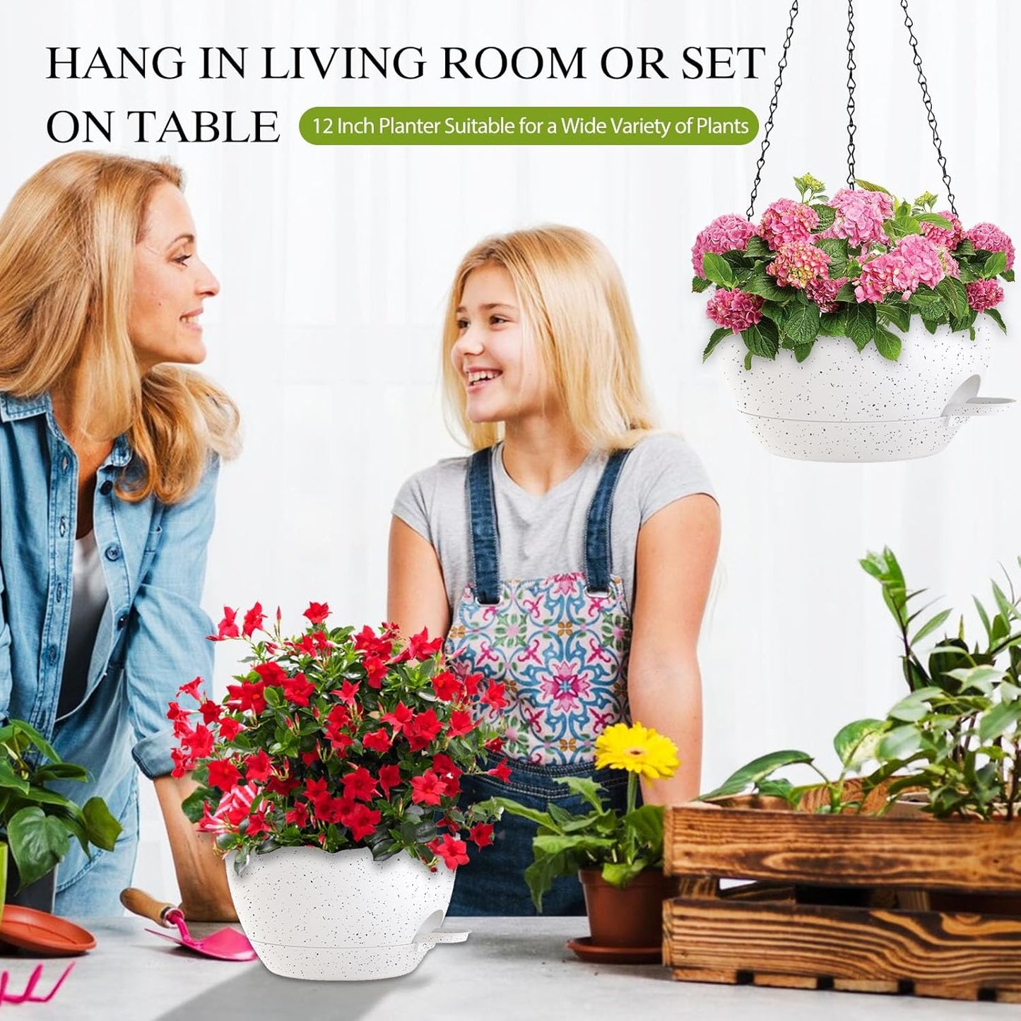 12 Inch Hanging Baskets 2 PC with Chains, Self-Watering Hanging Planters for Indoor Outdoor Plants, Plastic Hanging Flower Pots,Black