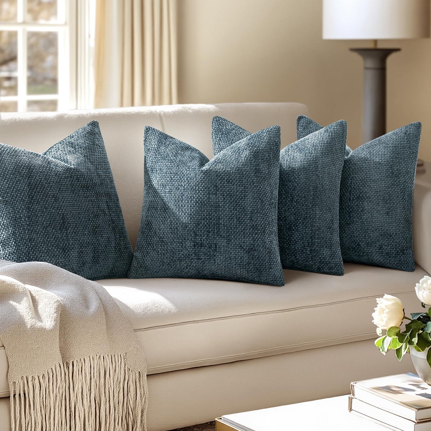 MIULEE Pack of 4 Couch Throw Pillow Covers 18x18 Inch Neutral Soft Decorative Chenille Pillow Covers Farmhouse Boho Cushion Covers for Mid Century Modern Spring Home Decor Sofa Bedroom Living Room