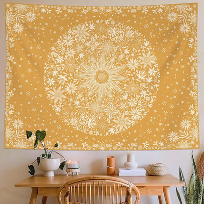 Neasow Bohemian Tapestry Wall Hanging, Beige White Floral Tapestry with Dotted Daisy Medallion Print Bedroom Boho Hippie Home Decor, 36×48 inches
