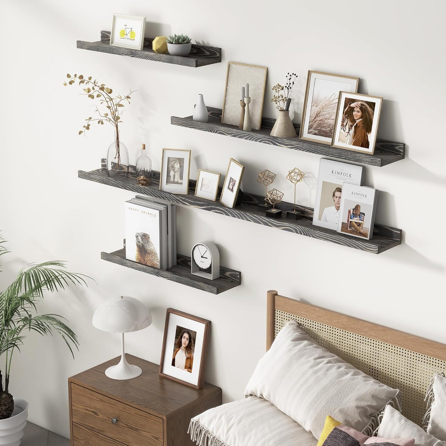 FLYJOE Picture Ledge Shelf, Floating Shelves Set of 2, Solid Pine Wood 55'' Long Large Nursery Book Shelves for Toys Storage, Kids Bookshelf for Living Room Bedroom Decor Books Photo Frames, Walnut