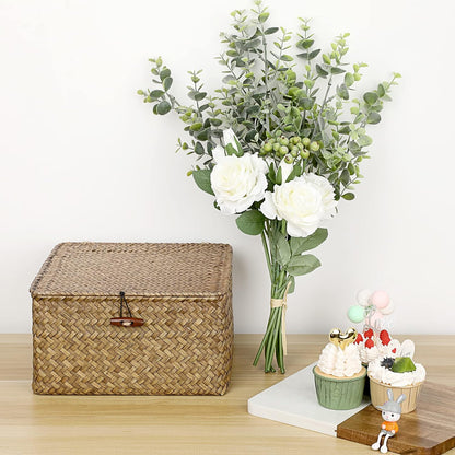 Hipiwe Seagrass Basket with Lid Wicker Storage Basket Square Handwoven Decorative Baskets Box for Shelf Multipurpose Household Baskets Home Decor,X-small
