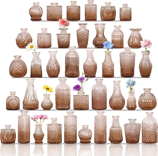 Set of 40 Glass Bud Vases, Small Clear Glass Vases in Bulk, Mini Vintage Embossed Flower Vase for Wedding, Centerpieces, Birthday Party, Home Table Decorations, Baby Shower (Clear)