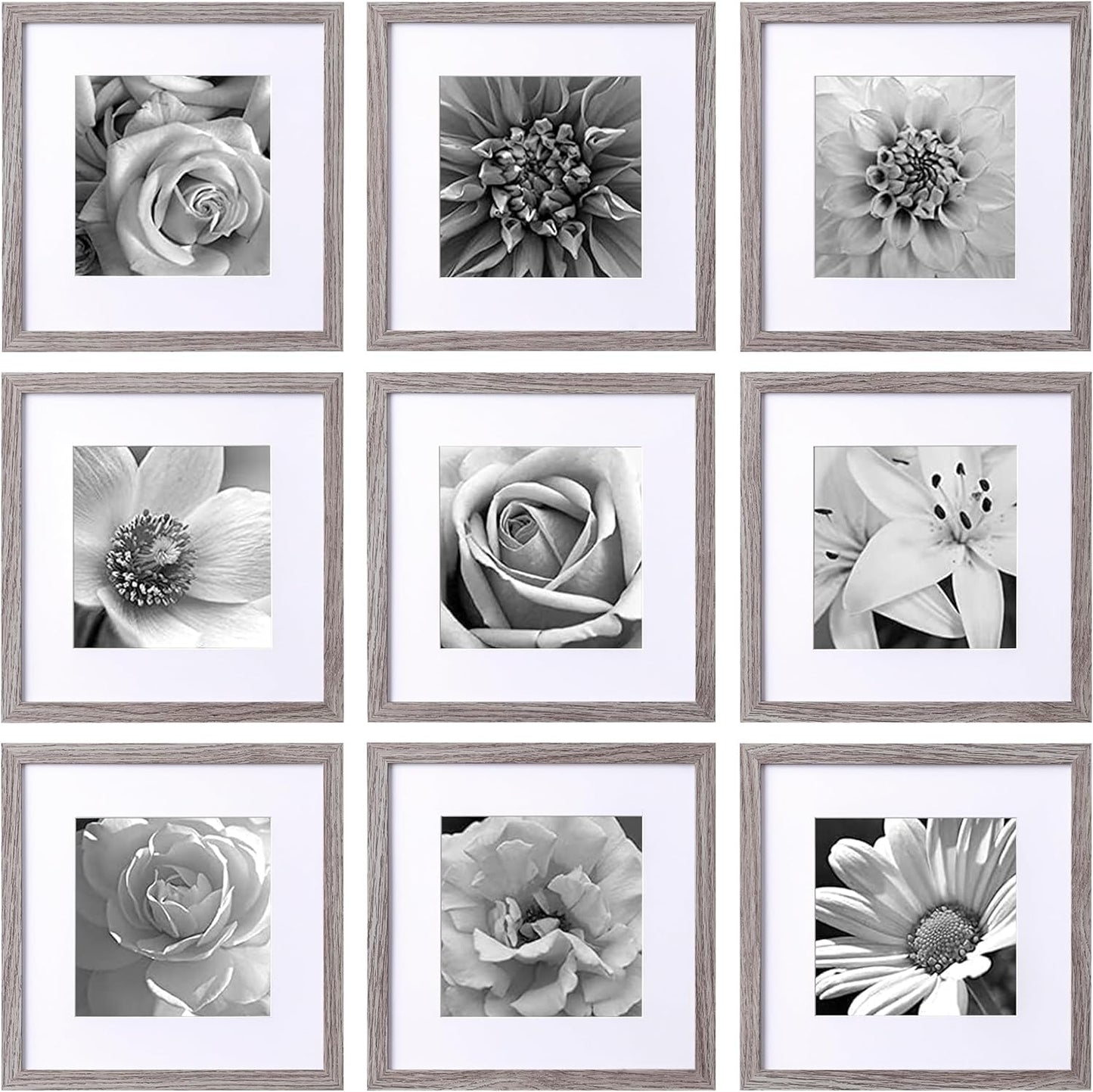 eletecpro 12x12 Picture Frames Set of 9 with Clear Acrylic Cover, Display 8x8 Photos with Mat or 12x12 Without, Classic and Sturdy Square Collage Gallery Wall Decor, Easy Wall Mount, Black