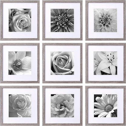 eletecpro 12x12 Picture Frames Set of 9 with Clear Acrylic Cover, Display 8x8 Photos with Mat or 12x12 Without, Classic and Sturdy Square Collage Gallery Wall Decor, Easy Wall Mount, Black