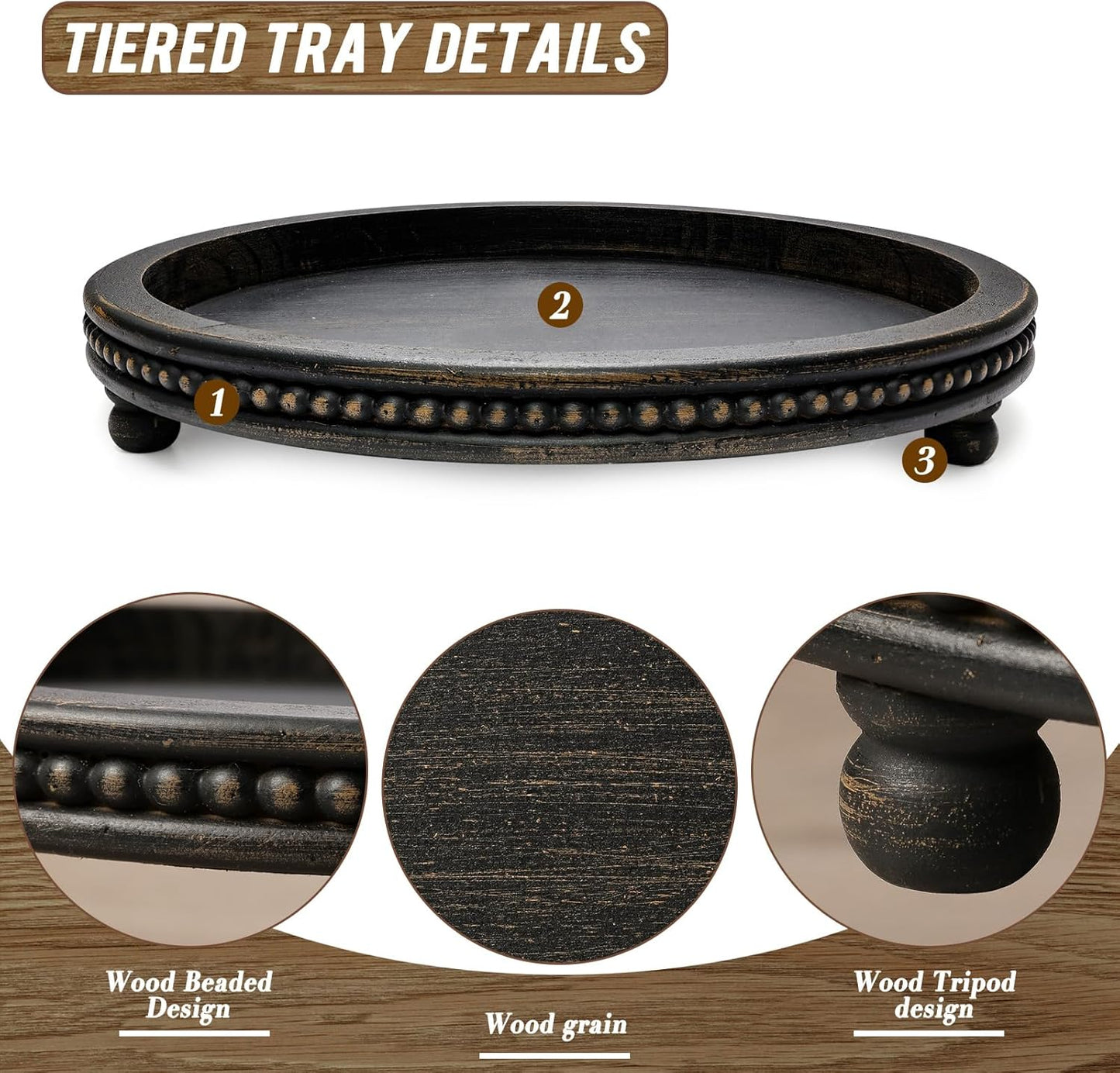 KULEDM Handmade Wooden Decorative Tray, Small Beaded Coffee Table Tray Decor, Sage Round Serving Tray for Coffee Table, Dining Room Table Entryway and Living Room Table