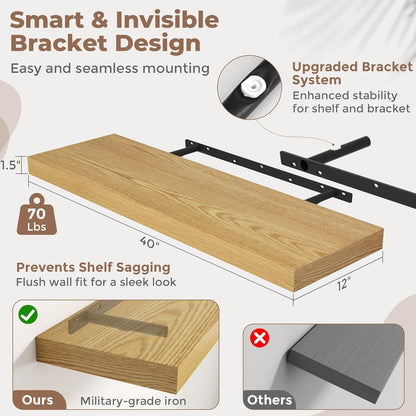 72 Inch Long Floating Shelves for Wall Set of 2, 12"D Wood Grain Bathroom Shelves with Invisible Brackets, Easy Install Engineered Wood Storage Shelves for Kitchen, Living Room, Bedroom, Black Finish