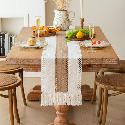 FEXIA Boho Table Runner for Thanksgiving Fall Christmas Home Decor with Tassels 72 Inches Long Pottery barn Furniture Farmhouse Rustic Macrame Burlap Table Decoration for Living Room (12x72 Inches)